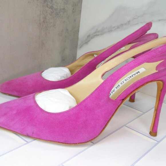 Manolo Blahnik Allura Pink Suede Slingback Pumps Pointed Toe Heels - Picture 2 of 14
